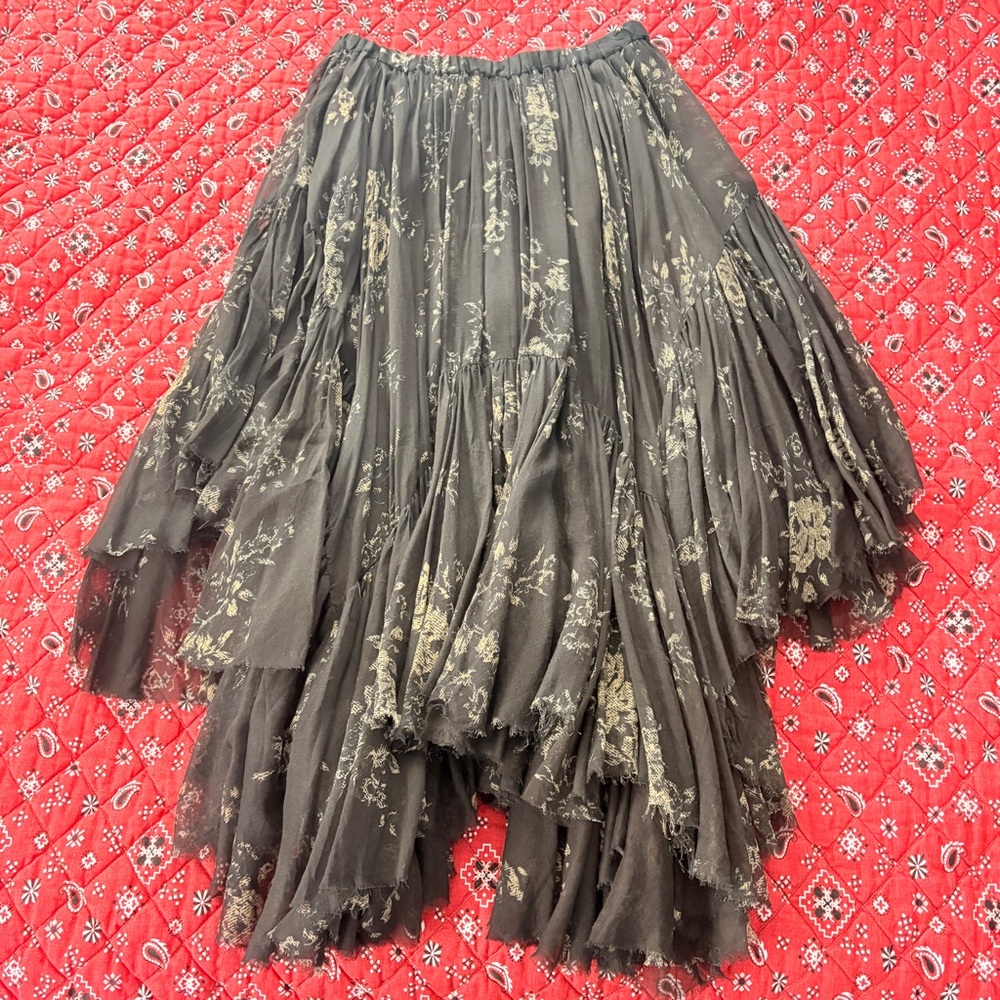 FP One Tiered Sheer Maxi Skirt Black Floral Raw Hem Boho